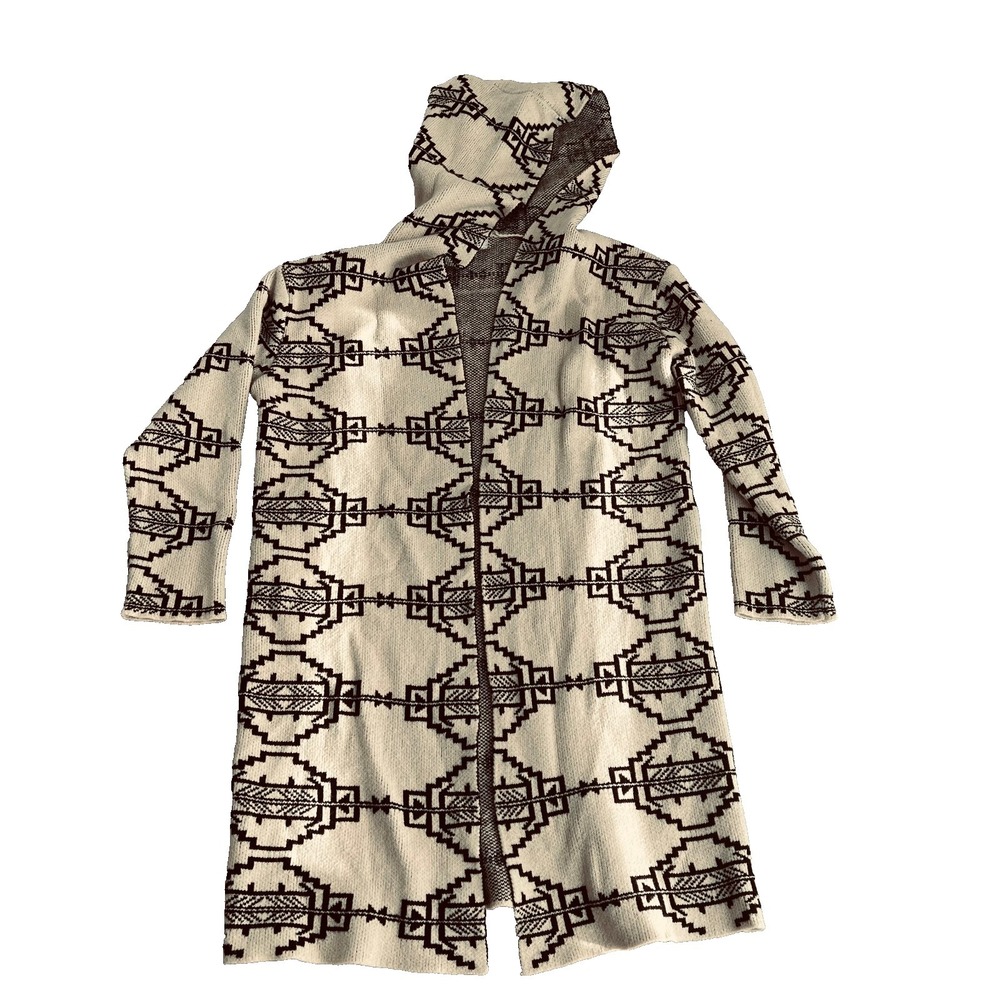 Hooded Boho Tribal Knit Sweater Coat Duster Cardigan – Southwest Aztec – Size Sm